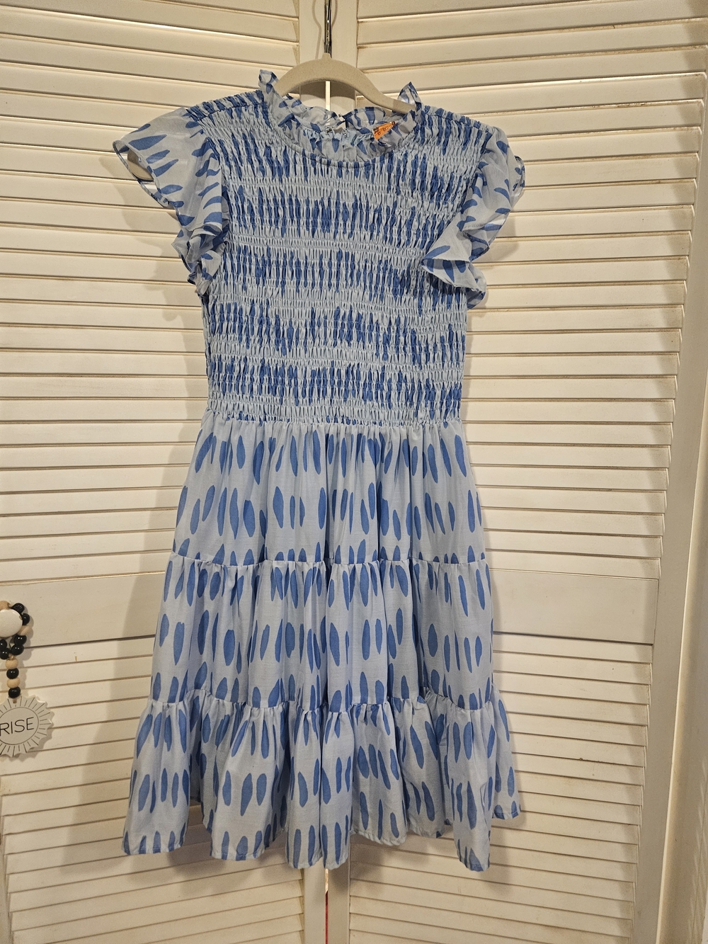 Blue Smocked Midi Dress with Flutter Sleeves